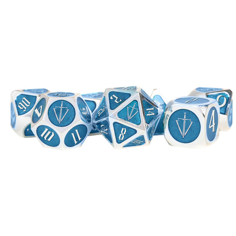 FanRoll: 7CT Tales of the Valiant Metal Silver & Light Blue Polyhedral Dice Set